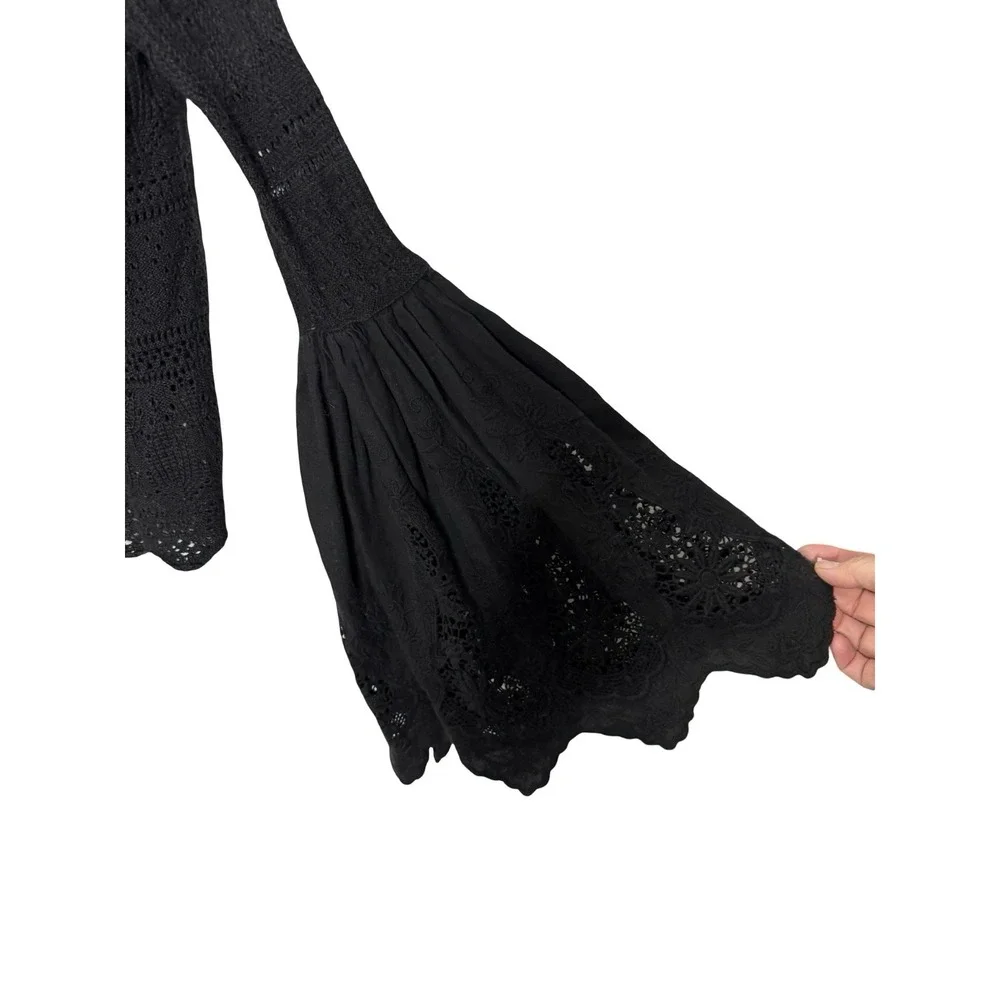 Free People Once Upon A Time Lace Bell Sleeves Top Black Small.‎